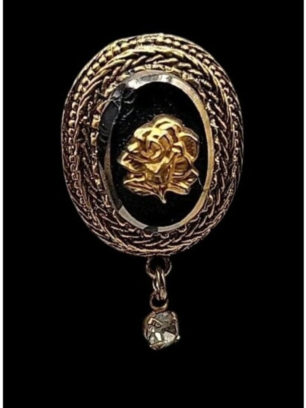 Vtg Black Glass Reverse Intaglio Rose Sweater Clip Dress Cinch 1960s Gold Tone